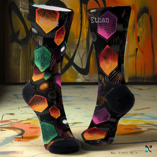 Abstraktes sechseckiges Leuchten in Orange Magenta Socken