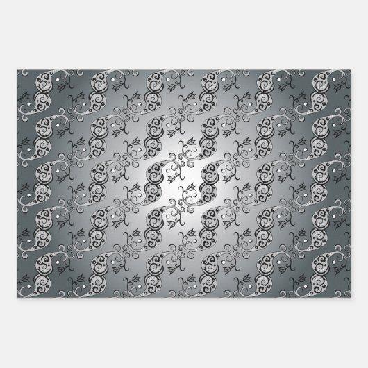 Abstraktes Silber und Schwarz Tulip Boteh Muster Geschenkpapier Set (Vorderseite 3)