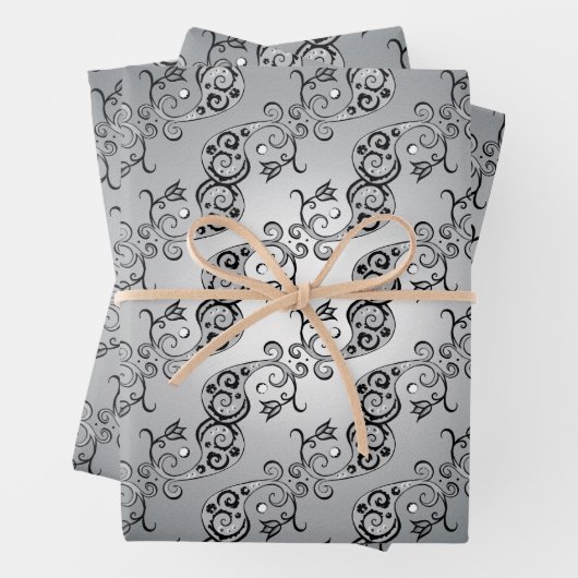 Abstraktes Silber und Schwarz Tulip Boteh Muster Geschenkpapier Set (Beispiel)