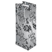 Abstraktes Silber und Schwarz Tulip Boteh Muster Geschenktüte Für Weinflaschen (Rückseite Schrägansicht)