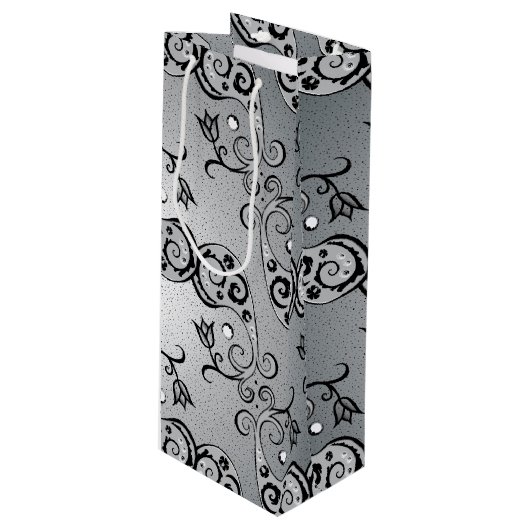 Abstraktes Silber und Schwarz Tulip Boteh Muster Geschenktüte Für Weinflaschen (Vorderseite Schrägansicht)