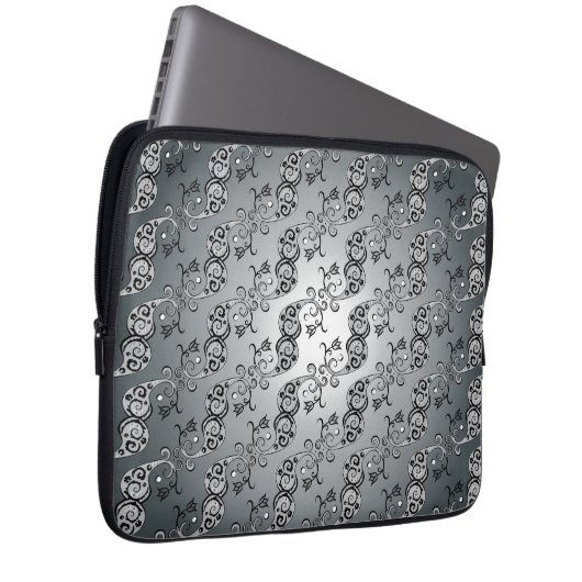 Abstraktes Silber und Schwarz Tulip Boteh Muster Laptopschutzhülle (Vorne Rechts)