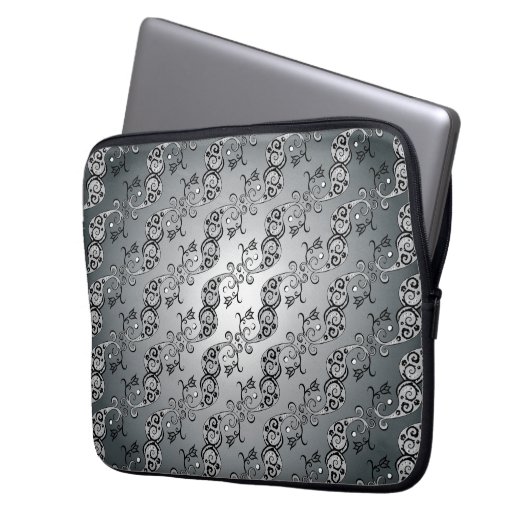 Abstraktes Silber und Schwarz Tulip Boteh Muster Laptopschutzhülle (Vorderseite Links)