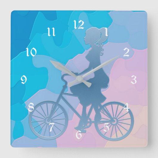 Abstraktes Sonnenaufgang-Fahrradmädchen Quadratische Wanduhr (Vorderseite)