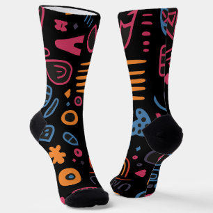 Abstraktes Stammes-Doodle-Neon-Geometrisch-Schwarz Socken
