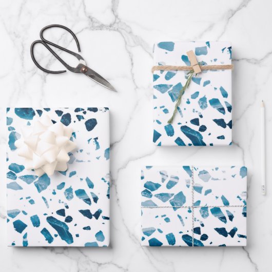 Abstraktes Terrazzo Mosaic Navy & Light Blue Muste Geschenkpapier Set (Vorderseite)