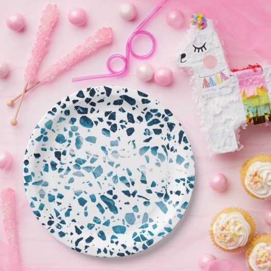 Abstraktes Terrazzo Mosaic Navy & Light Blue Muste Pappteller (Party)