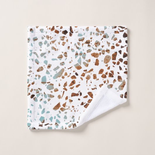 Abstraktes Terrazzo Mosaic Rust Brown & Blue Muste Badhandtuch Set (Waschlappen)