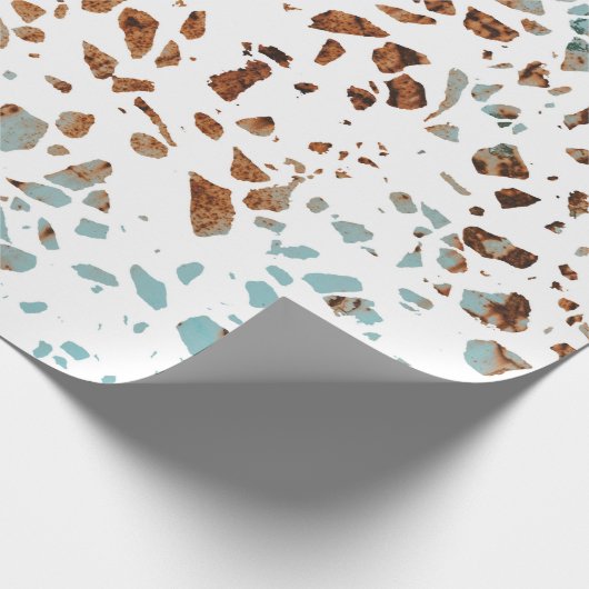 Abstraktes Terrazzo Mosaic Rust Brown & Blue Muste Geschenkpapier (Ecke)