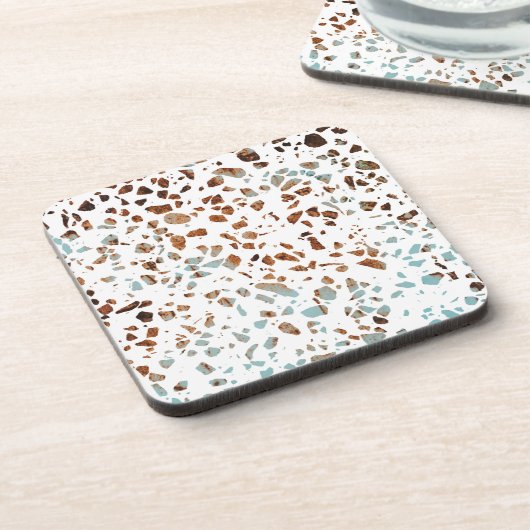 Abstraktes Terrazzo Mosaic Rust Brown & Blue Muste Getränkeuntersetzer (Linke Seite)