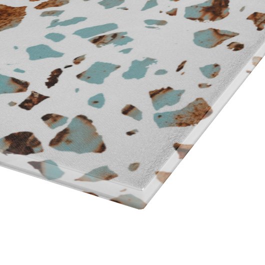 Abstraktes Terrazzo Mosaic Rust Brown & Blue Muste Schneidebrett (Ecke)