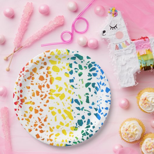 Abstraktes Terrazzo-Mosaik-Rainbow-Muster Pappteller (Party)