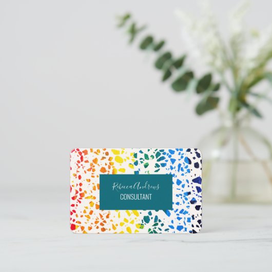 Abstraktes Terrazzo-Mosaik-Rainbow-Muster Visitenkarte (Stehend Vorderseite)