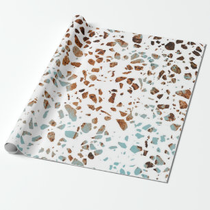 Abstraktes Terrazzo-Mosaik Rostbraun & Blau Muster Geschenkpapier