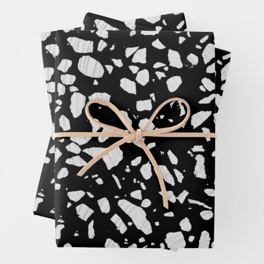 Abstraktes Terrazzo Mosaik Schwarz-Weiß-Muster Geschenkpapier Set (Beispiel)