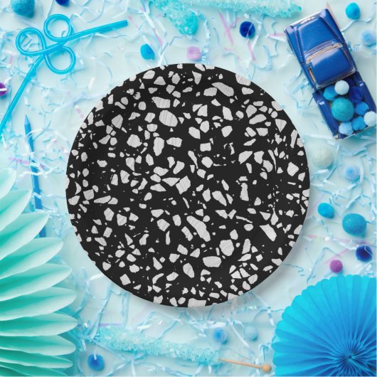 Abstraktes Terrazzo Mosaik Schwarz-Weiß-Muster Pappteller (Party)