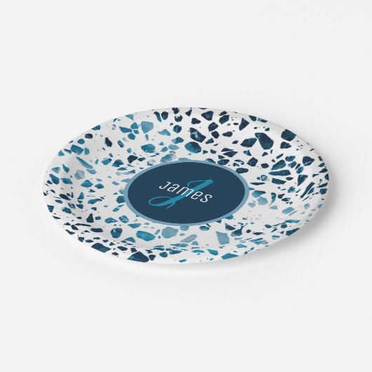 Abstraktes Terrazzo-Mosaikmuster Pappteller (Schrägansicht)