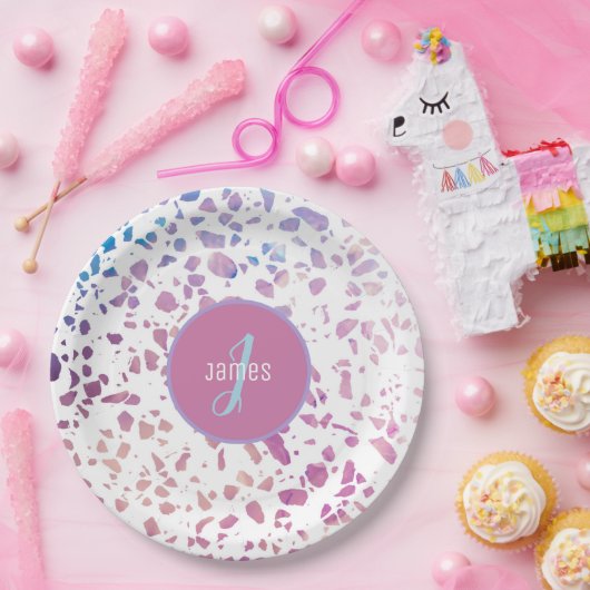 Abstraktes Terrazzo-Muster in Rosa und Blau Pappteller (Party)