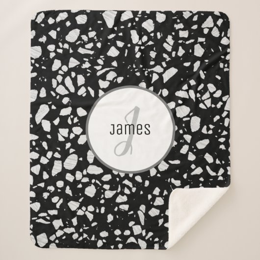 Abstraktes Terrazzo Schwarz/Weiß-Muster Sherpadecke (Vorderseite)