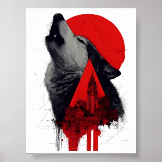 Abstraktes Trash-Polka-Plakat mit heulendem Wolf u Poster (Vorne)