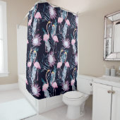 Abstraktes tropisches Muster mit Flamingo, Protea, Duschvorhang (Beispiel)