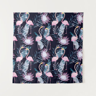 Abstraktes tropisches Muster mit Flamingo, Protea, Wandteppich