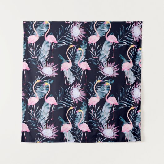 Abstraktes tropisches Muster mit Flamingo, Protea, Wandteppich (Vorderseite)