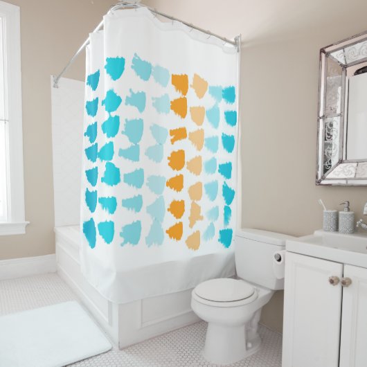 abstraktes türkisfarbenes und orangefarbenes Farbs Duschvorhang (Beispiel)