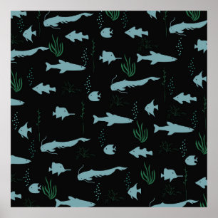 Abstraktes Unterwassermuster mit Fischen und Algen Poster