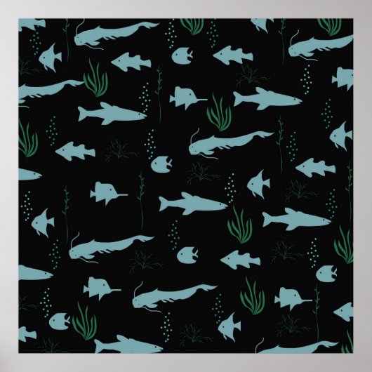 Abstraktes Unterwassermuster mit Fischen und Algen Poster (Vorne)