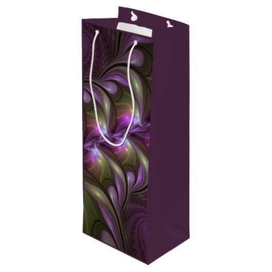 Abstraktes Violett Lila Khaki Fraktal Geschenktüte Für Weinflaschen (Rückseite Schrägansicht)