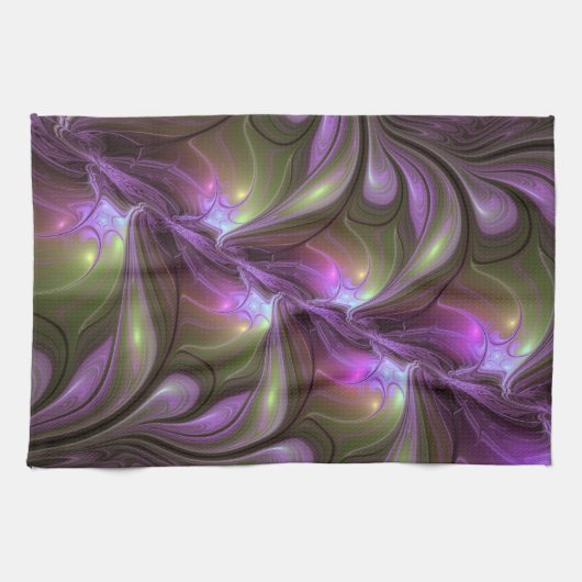 Abstraktes Violett Lila Khaki Fraktal Geschirrtuch (Horizontal)