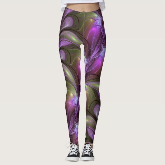 Abstraktes Violett Lila Khaki Fraktal Leggings (Vorderseite)