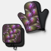 Abstraktes Violett Lila Khaki Fraktal Ofenhandschuh & Topflappen-Set (Vorderseite/Rückseite)