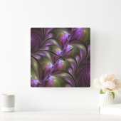 Abstraktes Violett Lila Khaki Fraktal Quadratische Wanduhr (Zuhause)