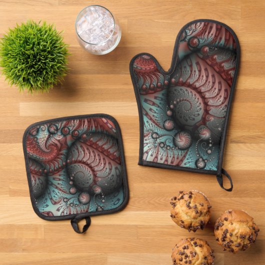 Abstraktes Vivio Fantasy Fraktal Art Brown Blue Ofenhandschuh & Topflappen-Set (Oben Unten)