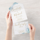 Abstraktes Watercolor Script Gold Monogram Wedding All In One Einladung (Abreißen)