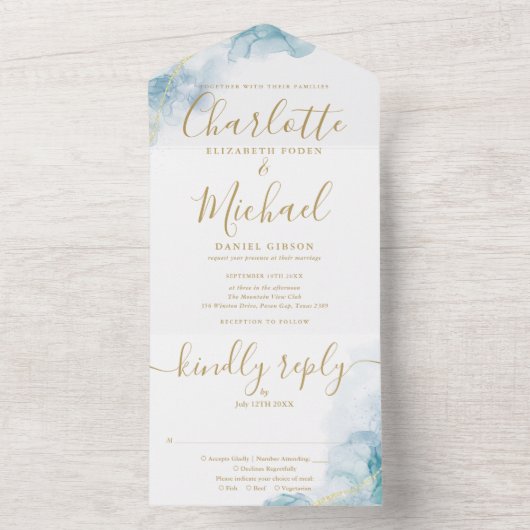 Abstraktes Watercolor Script Gold Monogram Wedding All In One Einladung (Innen Boden)