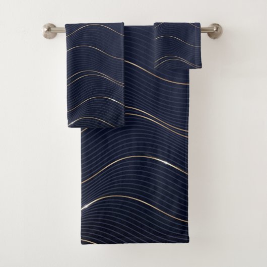 Abstraktes Wavy Blue Gold Lines Muster Badhandtuch Set (Insitu)