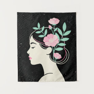 Abstraktes weibliches Profil mit Blumen Wandteppich