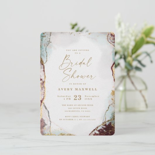 Abstraktes Wine Red Aqua & Gold Winter Brautparty Einladung (Stehend Vorderseite)