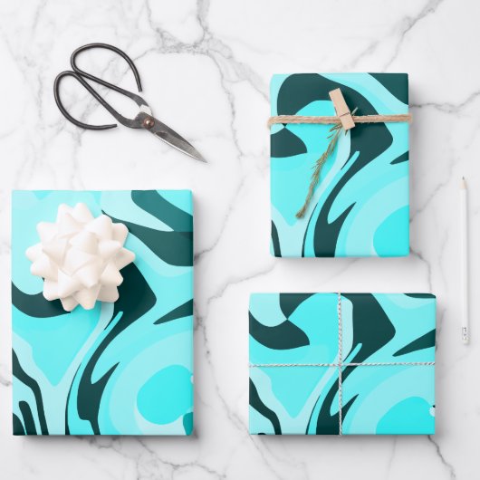 Abstraktes wirbelloses Aqua und Aquamarines Design Geschenkpapier Set (Vorderseite)
