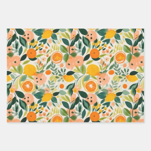 ABSTRAKTES ZITRUS- UND BLUMENDEKORATIONSPAPIER SET GESCHENKPAPIER SET (Vorderseite 3)