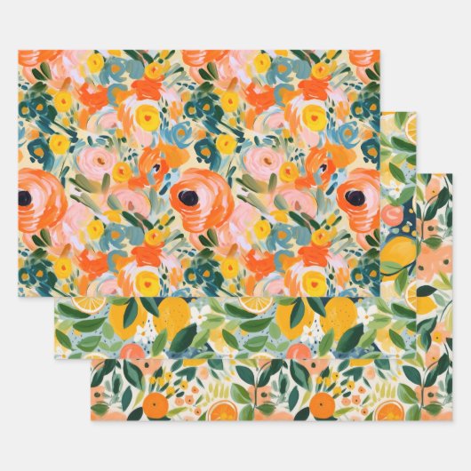 ABSTRAKTES ZITRUS- UND BLUMENDEKORATIONSPAPIER SET GESCHENKPAPIER SET (Set)