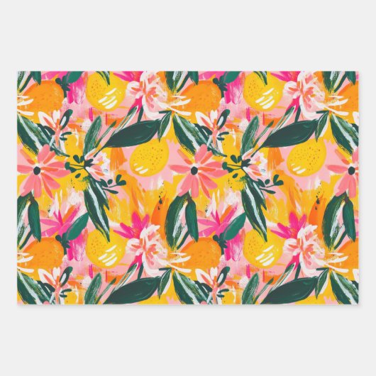 ABSTRAKTES ZITRUS- UND BLUMENDEKORATIONSPAPIER SET GESCHENKPAPIER SET (Vorderseite)