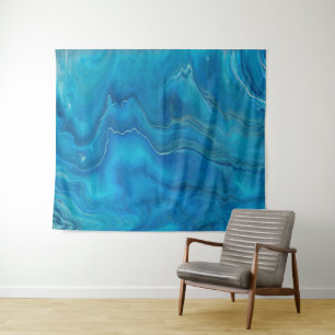 Abstraktion mit blauem und Aquamarinem Marmorboden Wandteppich