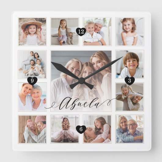 Abuela Script Family Memory Foto Grid Collage Quadratische Wanduhr (Vorderseite)