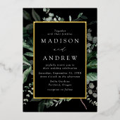 Abundant Greenery Black and Gold Frame Wedding Folieneinladung (Vorderseite)