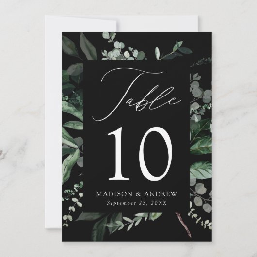 Abundant Greenery Black Table Number Card (Vorderseite)
