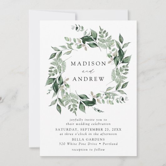 Abundant Greenery Wreath Wedding Einladung (Vorderseite)